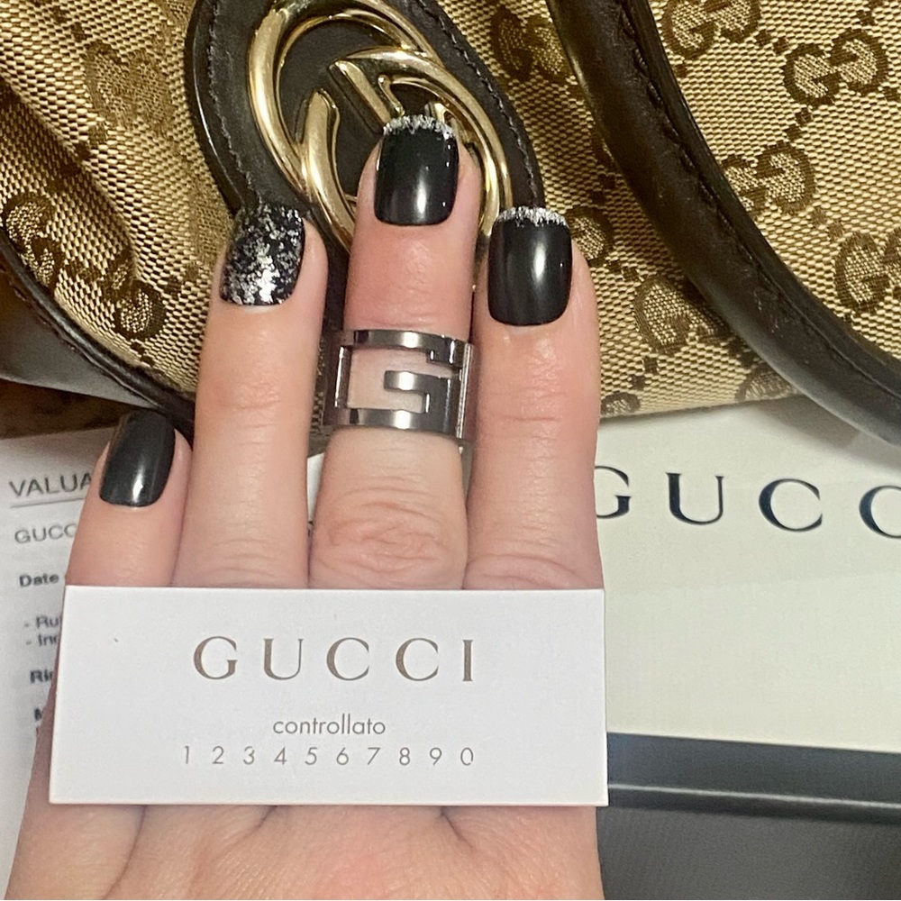 GUCCI Ruthenium & Sterling Silver G Logo Band Ring Authenticity Cert & Dust Bag